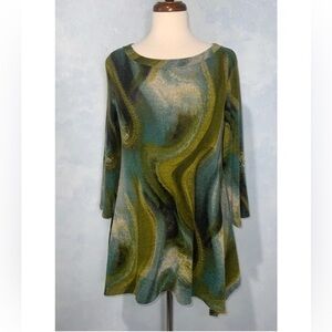 Casting Olive Groovy Swirl Round Neck 3/4 Sleeve Stretchy Tunic Blouse M